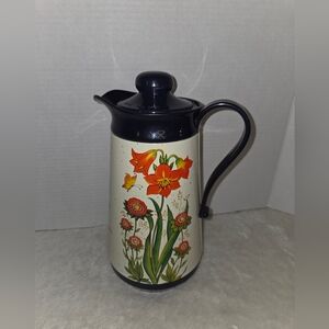 Vintage 1970s Interpur Insulated Carafe Plastic Boho Navy Blue & Orange Flowers